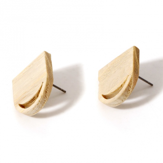 Picture of Fraxinus Wood Geometry Series Ear Post Stud Earrings Findings Half Ellipse Creamy-White Moon With Loop 17mm x 17mm, Post/ Wire Size: (21 gauge), 10 PCs