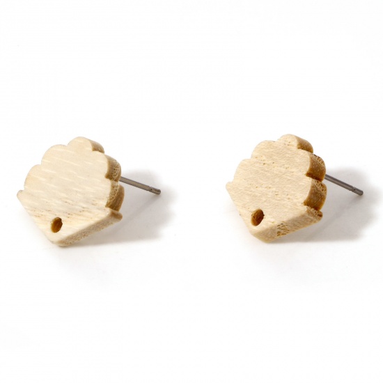 Picture of Fraxinus Wood Geometry Series Ear Post Stud Earrings Findings Shell Creamy-White With Loop 17mm x 14mm, Post/ Wire Size: (21 gauge), 10 PCs