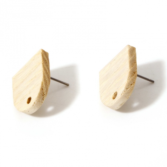 Picture of Fraxinus Wood Geometry Series Ear Post Stud Earrings Findings Half Ellipse Creamy-White With Loop 17mm x 15mm, Post/ Wire Size: (21 gauge), 10 PCs