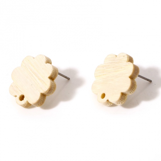 Picture of Fraxinus Wood Geometry Series Ear Post Stud Earrings Findings Flower Creamy-White With Loop 17mm x 17mm, Post/ Wire Size: (21 gauge), 10 PCs