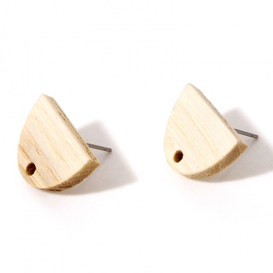 Picture of Fraxinus Wood Geometry Series Ear Post Stud Earrings Findings Half Ellipse Creamy-White With Loop 18mm x 13mm, Post/ Wire Size: (21 gauge), 10 PCs