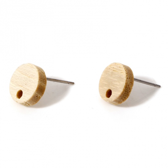 Picture of Fraxinus Wood Geometry Series Ear Post Stud Earrings Findings Round Creamy-White With Loop 10mm Dia., Post/ Wire Size: (21 gauge), 10 PCs