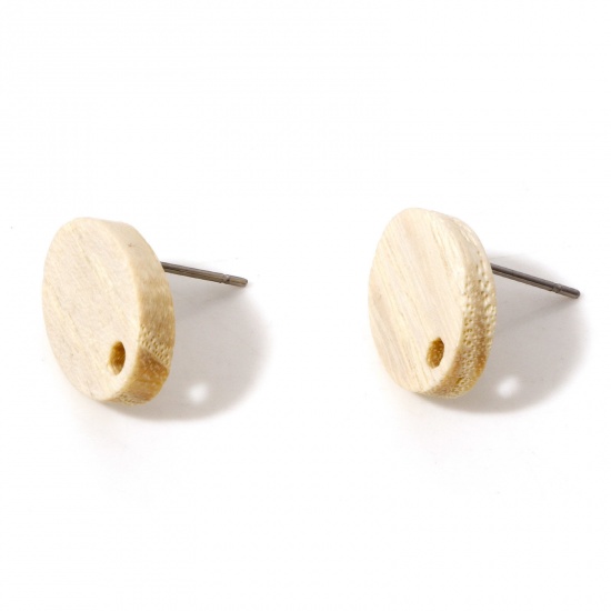 Picture of Fraxinus Wood Geometry Series Ear Post Stud Earrings Findings Oval Creamy-White With Loop 16mm x 11mm, Post/ Wire Size: (21 gauge), 10 PCs
