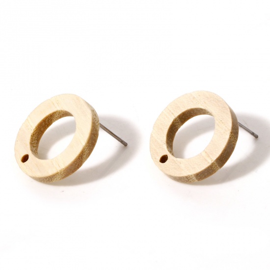 Picture of Fraxinus Wood Geometry Series Ear Post Stud Earrings Findings Round Creamy-White With Loop 18mm Dia., Post/ Wire Size: (21 gauge), 10 PCs