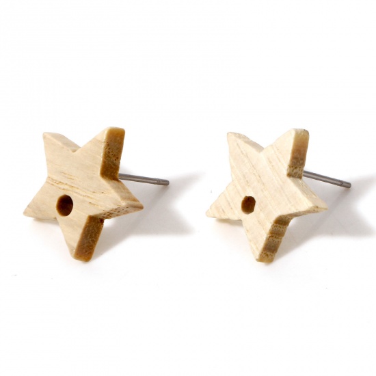 Picture of Fraxinus Wood Geometry Series Ear Post Stud Earrings Findings Pentagram Star Creamy-White With Loop 15mm x 14mm, Post/ Wire Size: (21 gauge), 10 PCs
