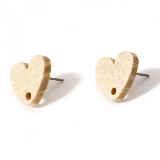 Picture of Fraxinus Wood Geometry Series Ear Post Stud Earrings Findings Heart Creamy-White With Loop 15mm x 14mm, Post/ Wire Size: (21 gauge), 10 PCs