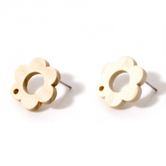Picture of Fraxinus Wood Geometry Series Ear Post Stud Earrings Findings Flower Creamy-White With Loop 18mm x 16mm, Post/ Wire Size: (21 gauge), 10 PCs