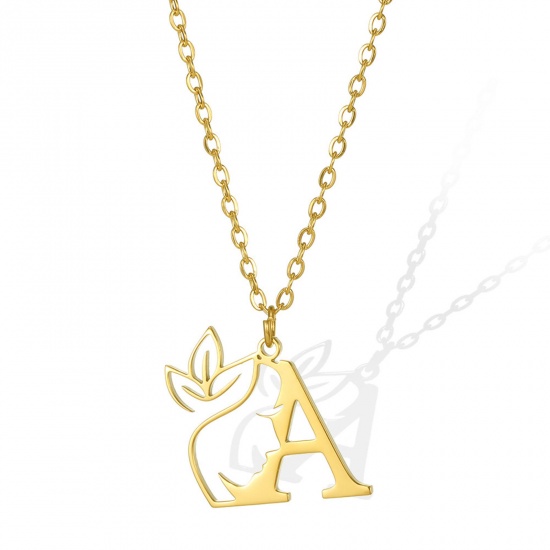 Picture of 304 Stainless Steel Rolo Chain Necklace Gold Plated Flower Vine Message " A " Hollow 45cm(17 6/8") long, 1 Piece