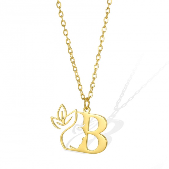 Picture of 304 Stainless Steel Rolo Chain Necklace Gold Plated Flower Vine Message " B " Hollow 45cm(17 6/8") long, 1 Piece