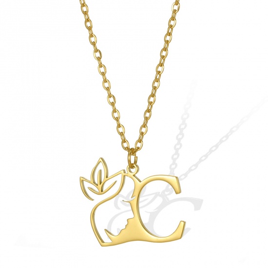 Picture of 304 Stainless Steel Rolo Chain Necklace Gold Plated Flower Vine Message " C " Hollow 45cm(17 6/8") long, 1 Piece