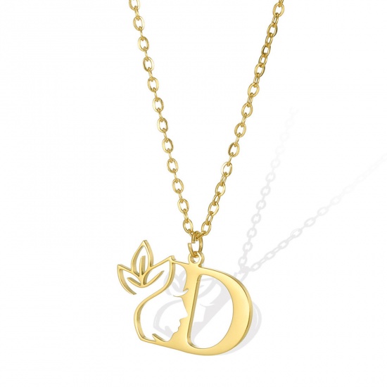 Picture of 304 Stainless Steel Rolo Chain Necklace Gold Plated Flower Vine Message " D " Hollow 45cm(17 6/8") long, 1 Piece