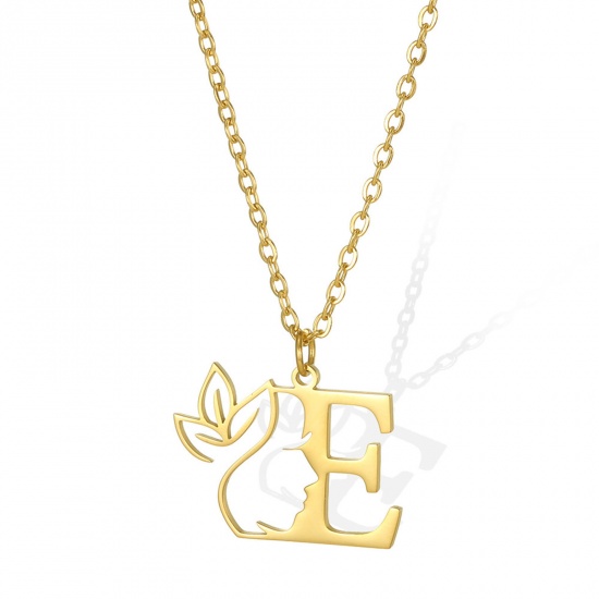 Picture of 304 Stainless Steel Rolo Chain Necklace Gold Plated Flower Vine Message " E " Hollow 45cm(17 6/8") long, 1 Piece