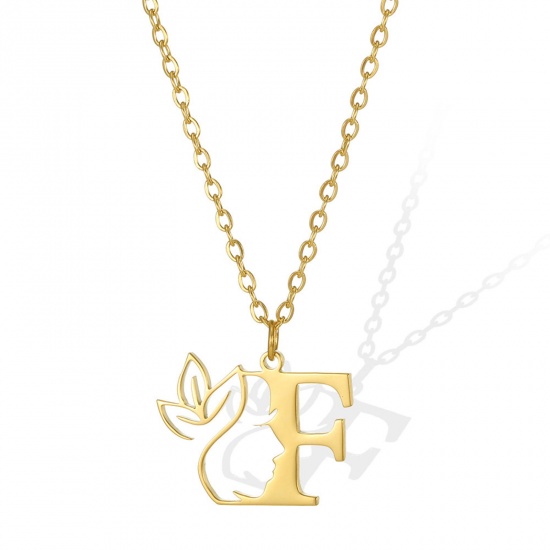 Picture of 304 Stainless Steel Rolo Chain Necklace Gold Plated Flower Vine Message " F " Hollow 45cm(17 6/8") long, 1 Piece