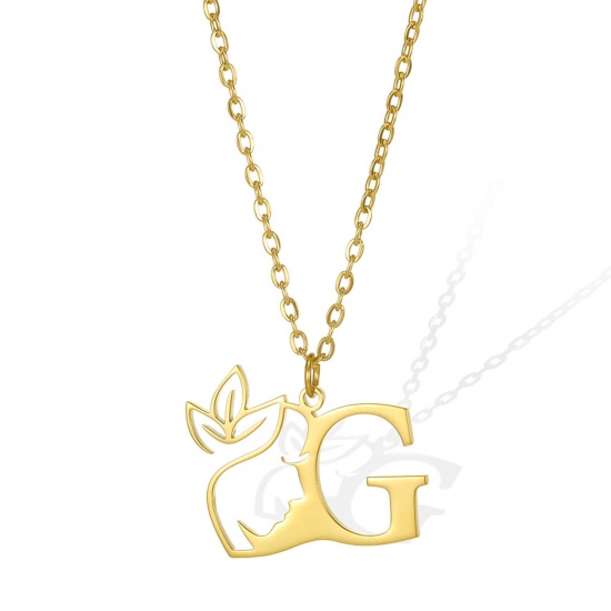 Picture of 304 Stainless Steel Rolo Chain Necklace Gold Plated Flower Vine Message " G " Hollow 45cm(17 6/8") long, 1 Piece