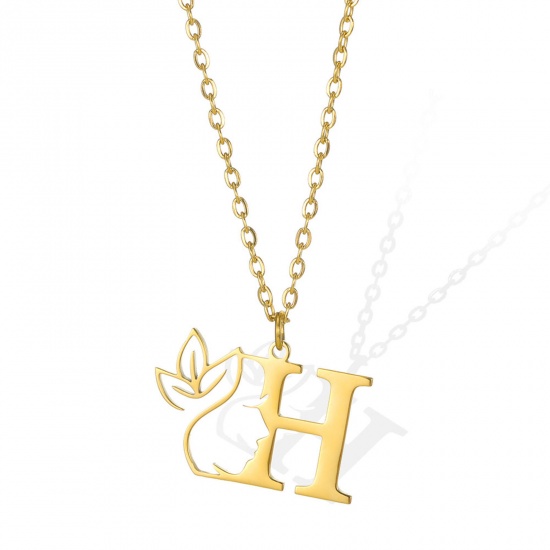 Picture of 304 Stainless Steel Rolo Chain Necklace Gold Plated Flower Vine Message " H " Hollow 45cm(17 6/8") long, 1 Piece