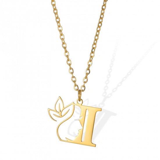 Picture of 304 Stainless Steel Rolo Chain Necklace Gold Plated Flower Vine Message " I " Hollow 45cm(17 6/8") long, 1 Piece