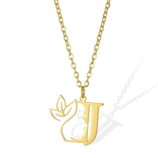Picture of 304 Stainless Steel Rolo Chain Necklace Gold Plated Flower Vine Message " J " Hollow 45cm(17 6/8") long, 1 Piece