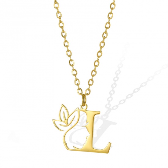 Picture of 304 Stainless Steel Rolo Chain Necklace Gold Plated Flower Vine Message " L " Hollow 45cm(17 6/8") long, 1 Piece