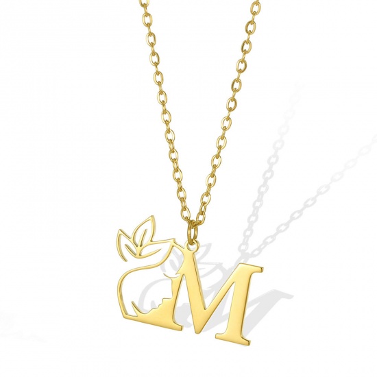 Picture of 304 Stainless Steel Rolo Chain Necklace Gold Plated Flower Vine Message " M " Hollow 45cm(17 6/8") long, 1 Piece