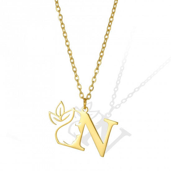 Picture of 304 Stainless Steel Rolo Chain Necklace Gold Plated Flower Vine Message " N " Hollow 45cm(17 6/8") long, 1 Piece