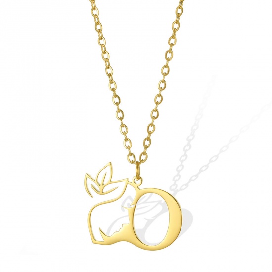 Picture of 304 Stainless Steel Rolo Chain Necklace Gold Plated Flower Vine Message " O " Hollow 45cm(17 6/8") long, 1 Piece