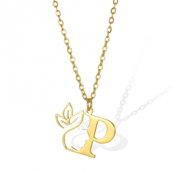Picture of 304 Stainless Steel Rolo Chain Necklace Gold Plated Flower Vine Message " P " Hollow 45cm(17 6/8") long, 1 Piece