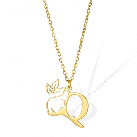 Picture of 304 Stainless Steel Rolo Chain Necklace Gold Plated Flower Vine Message " Q " Hollow 45cm(17 6/8") long, 1 Piece