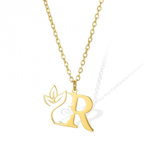 Picture of 304 Stainless Steel Rolo Chain Necklace Gold Plated Flower Vine Message " R " Hollow 45cm(17 6/8") long, 1 Piece