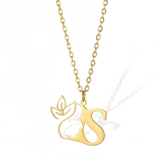 Picture of 304 Stainless Steel Rolo Chain Necklace Gold Plated Flower Vine Message " S " Hollow 45cm(17 6/8") long, 1 Piece