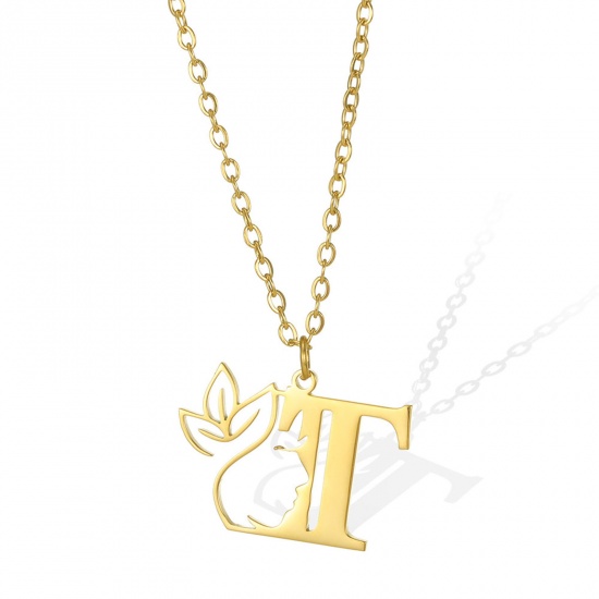Picture of 304 Stainless Steel Rolo Chain Necklace Gold Plated Flower Vine Message " T " Hollow 45cm(17 6/8") long, 1 Piece