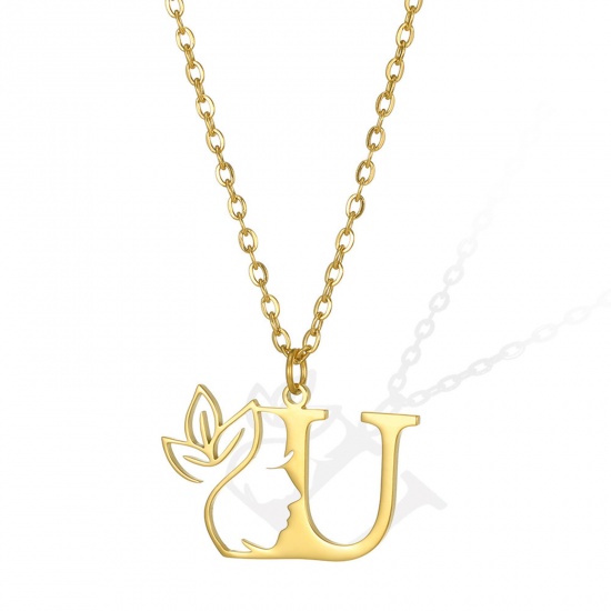 Picture of 304 Stainless Steel Rolo Chain Necklace Gold Plated Flower Vine Message " U " Hollow 45cm(17 6/8") long, 1 Piece