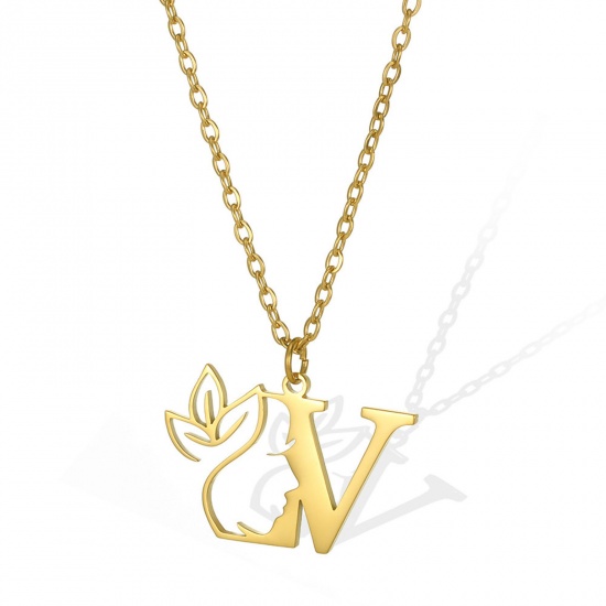 Picture of 304 Stainless Steel Rolo Chain Necklace Gold Plated Flower Vine Message " V " Hollow 45cm(17 6/8") long, 1 Piece