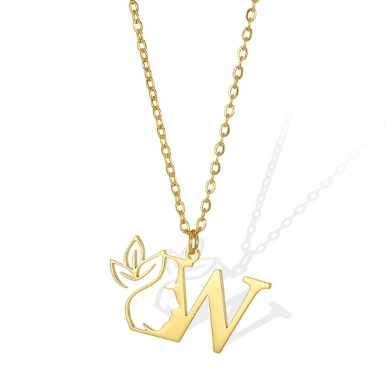 Picture of 304 Stainless Steel Rolo Chain Necklace Gold Plated Flower Vine Message " W " Hollow 45cm(17 6/8") long, 1 Piece
