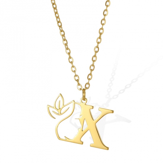 Picture of 304 Stainless Steel Rolo Chain Necklace Gold Plated Flower Vine Message " X " Hollow 45cm(17 6/8") long, 1 Piece