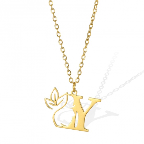 Picture of 304 Stainless Steel Rolo Chain Necklace Gold Plated Flower Vine Message " Y " Hollow 45cm(17 6/8") long, 1 Piece