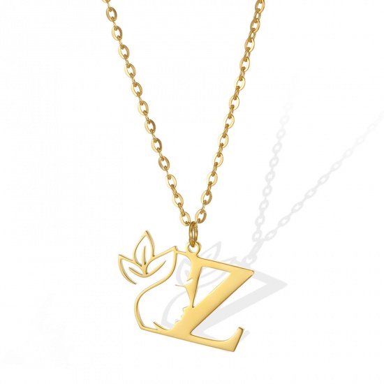Picture of 304 Stainless Steel Rolo Chain Necklace Gold Plated Flower Vine Message " Z " Hollow 45cm(17 6/8") long, 1 Piece