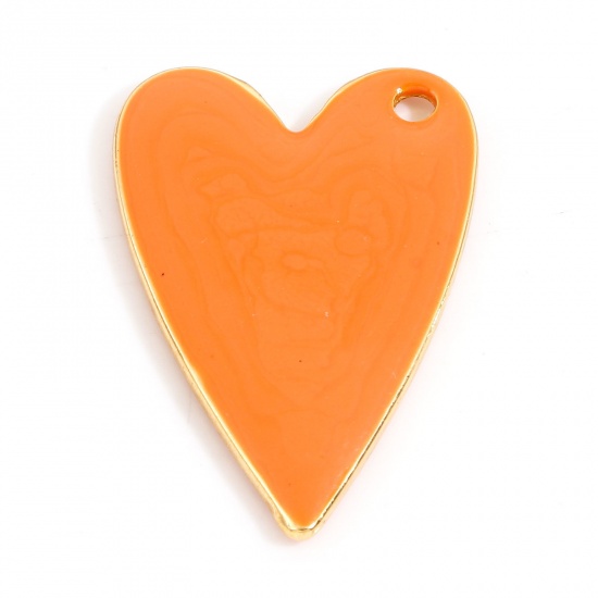 Immagine di Lega di Zinco Sequins Smaltati Charms Oro Placcato Arancione Cuore 29mm x 20mm, 10 Pz