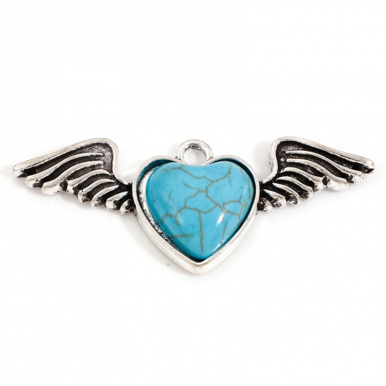 Picture of Zinc Based Alloy Boho Chic Bohemia Pendants Antique Silver Color Green Blue Heart Wing With Resin Cabochons Imitation Turquoise 5.2cm x 2.2cm, 5 PCs