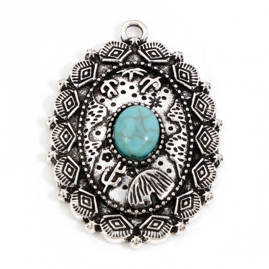 Picture of Zinc Based Alloy Boho Chic Bohemia Pendants Antique Silver Color Green Blue Oval Eye With Resin Cabochons Imitation Turquoise 4.4cm x 3.1cm, 5 PCs