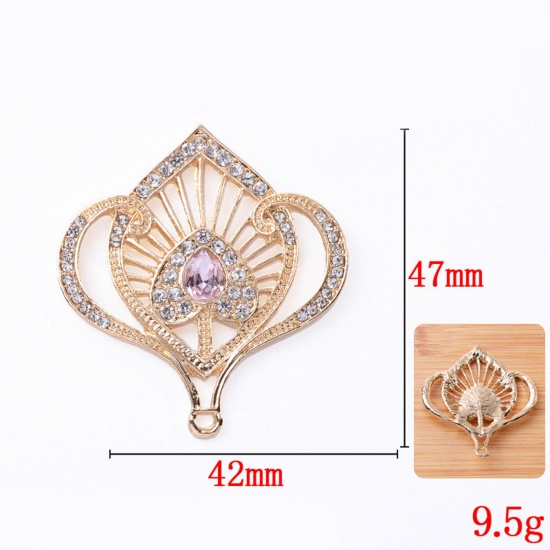 Immagine di Lega di Zinco Ciondoli KC Placcato Oro Rosa Chiaro A Forma di Ventagli Trasparente Strass Filigrana 4.7cm x 4.2cm, 2 Pz