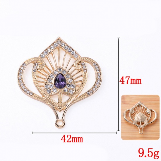 Immagine di Lega di Zinco Ciondoli KC Placcato Oro Colore Viola A Forma di Ventagli Trasparente Strass Filigrana 4.7cm x 4.2cm, 2 Pz