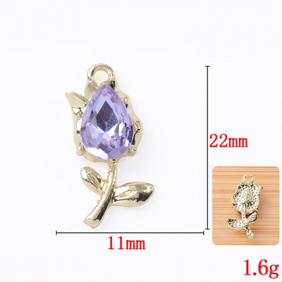 Immagine di Lega di Zinco Charms Oro Chiaro Colore Viola Fiore del Tulipano Fiore Con Cabochon di Vetro 22mm x 11mm, 5 Pz