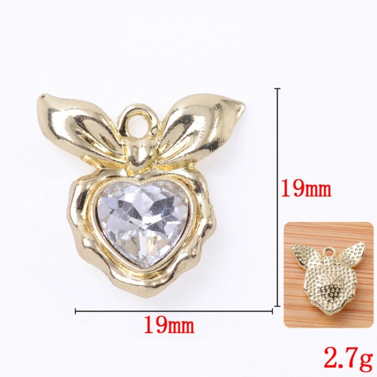 Immagine di Lega di Zinco San Valentino Charms Oro Chiaro Trasparente Cuore Cravatta a Farfalla Con Cabochon di Vetro 19mm x 19mm, 5 Pz