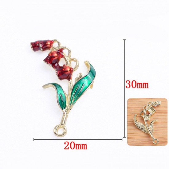 Picture of Zinc Based Alloy Pendants Light Golden Red & Green Lily Of The Valley Flower Flower Leaves Enamel 3cm x 2cm, 5 PCs