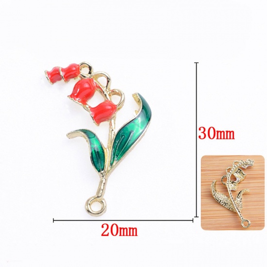 Picture of Zinc Based Alloy Pendants Light Golden Red & Green Lily Of The Valley Flower Flower Leaves Enamel 3cm x 2cm, 5 PCs