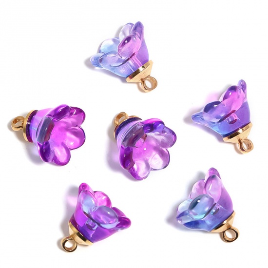 Picture of Lampwork Glass Charms Light Blue & Purple Lily Of The Valley Flower Flower Gradient Color 12mm x 12mm, 10 PCs