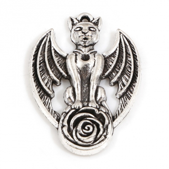 Picture of Zinc Based Alloy Halloween Charms Antique Silver Color Halloween Devil Rose Flower 27mm x 19mm, 10 PCs