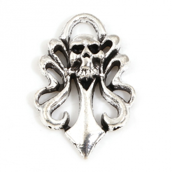 Picture of Zinc Based Alloy Halloween Charms Antique Silver Color Skull 26mm x 17mm, 10 PCs