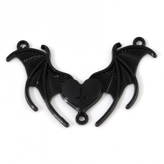 Bild von Zinklegierung Religiös Steckverbinder Charms Anhänger Schwarz Halloween Fledermaus Kreuz Muster 4.2cm x 2.6cm, 10 Stück