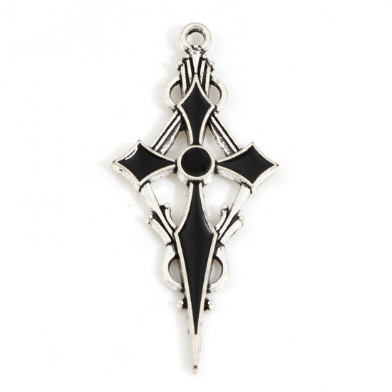 Picture of Zinc Based Alloy Religious Pendants Antique Silver Color Black Cross Enamel Black Rhinestone 2.2cm Dia., 4.8cm, 10 PCs